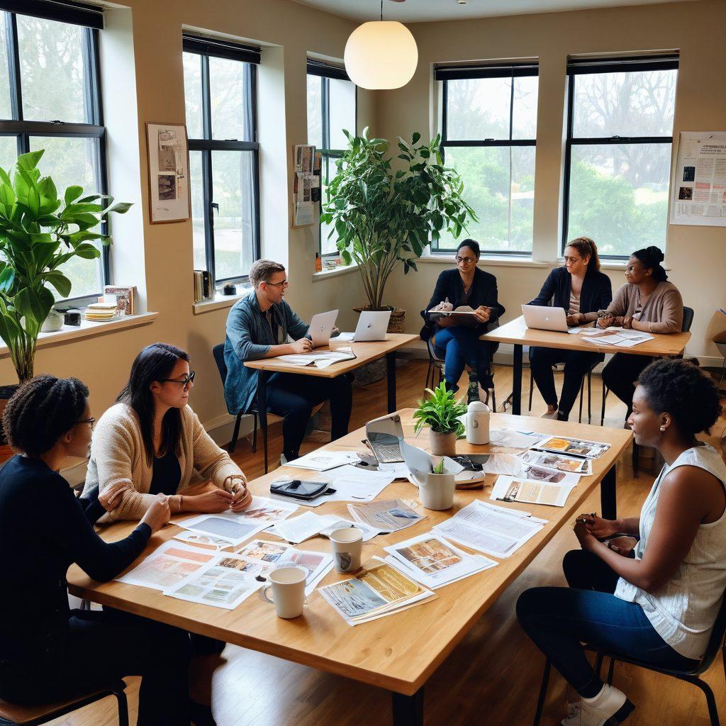 A diverse group of people collaborating in a cozy, well-lit community room filled with inspiring posters about advocacy and lifestyle changes. They are discussing over a large table with resource guides, laptops, and coffee cups scattered around. A large plant and bright windows create a welcoming atmosphere, symbolizing growth and support. super-realistic. vibrant colors. warm lighting.
