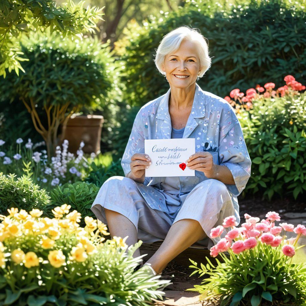 A hopeful and resilient cancer patient sitting in a sunlit garden, surrounded by blooming flowers and greenery, symbolizing recovery and growth. In the background, a supportive family member holds a 'Survivor' sign, conveying love and encouragement. Soft sunlight filters through the leaves, creating an uplifting atmosphere. Artistic elements of watercolor splashes to enhance emotion and warmth. vibrant colors. 3D.